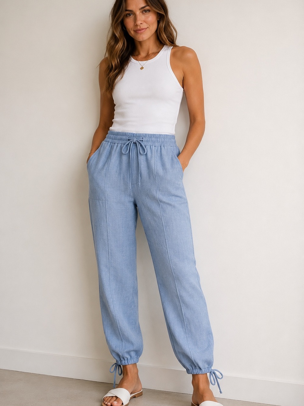 Rachel Zoe 100% Linen Blue Cargo Jogger Pants Size L